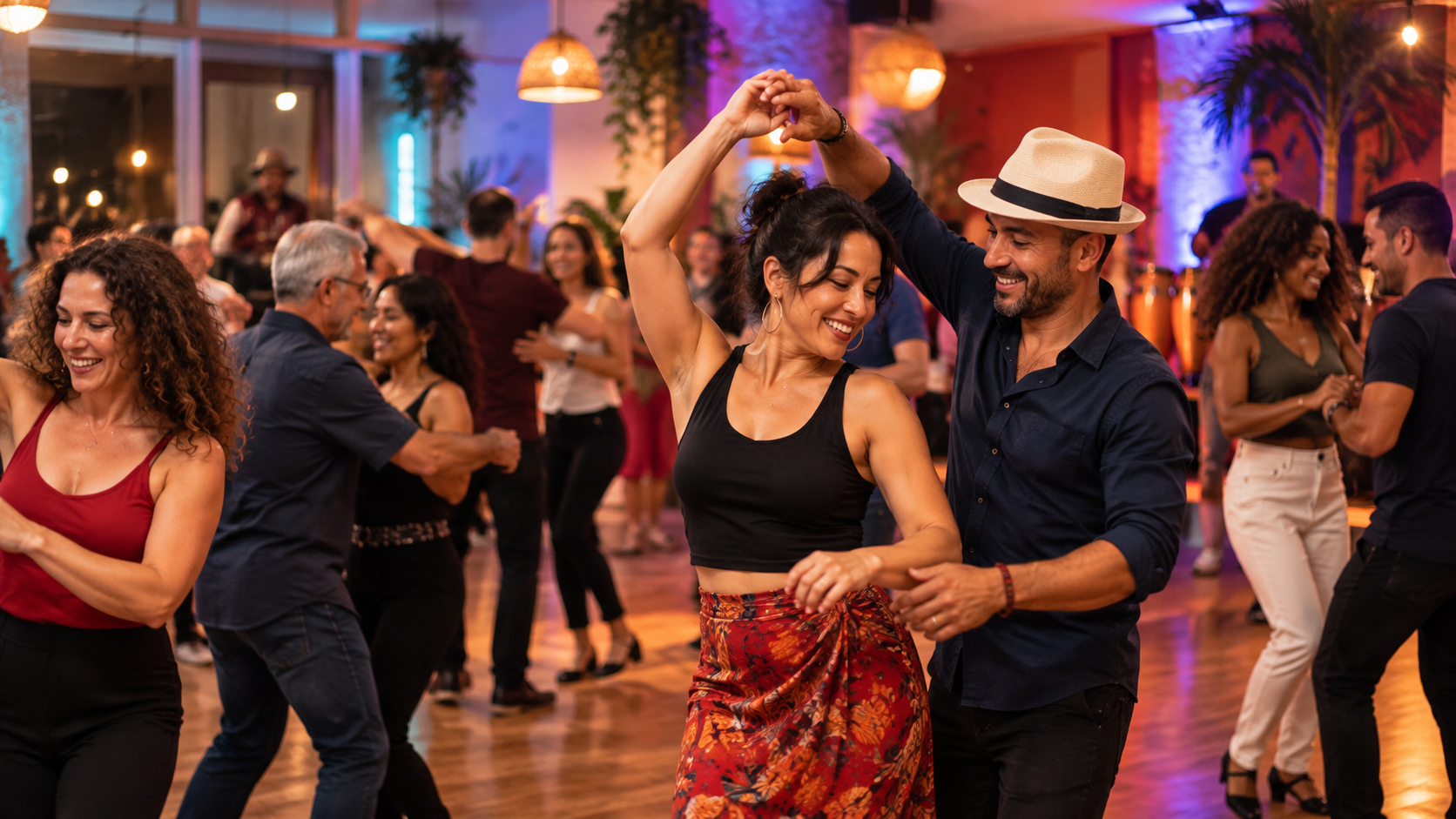 A diverse group of adults smiling and dancing salsa and bachata together at a warm, welcoming Latin social dance night