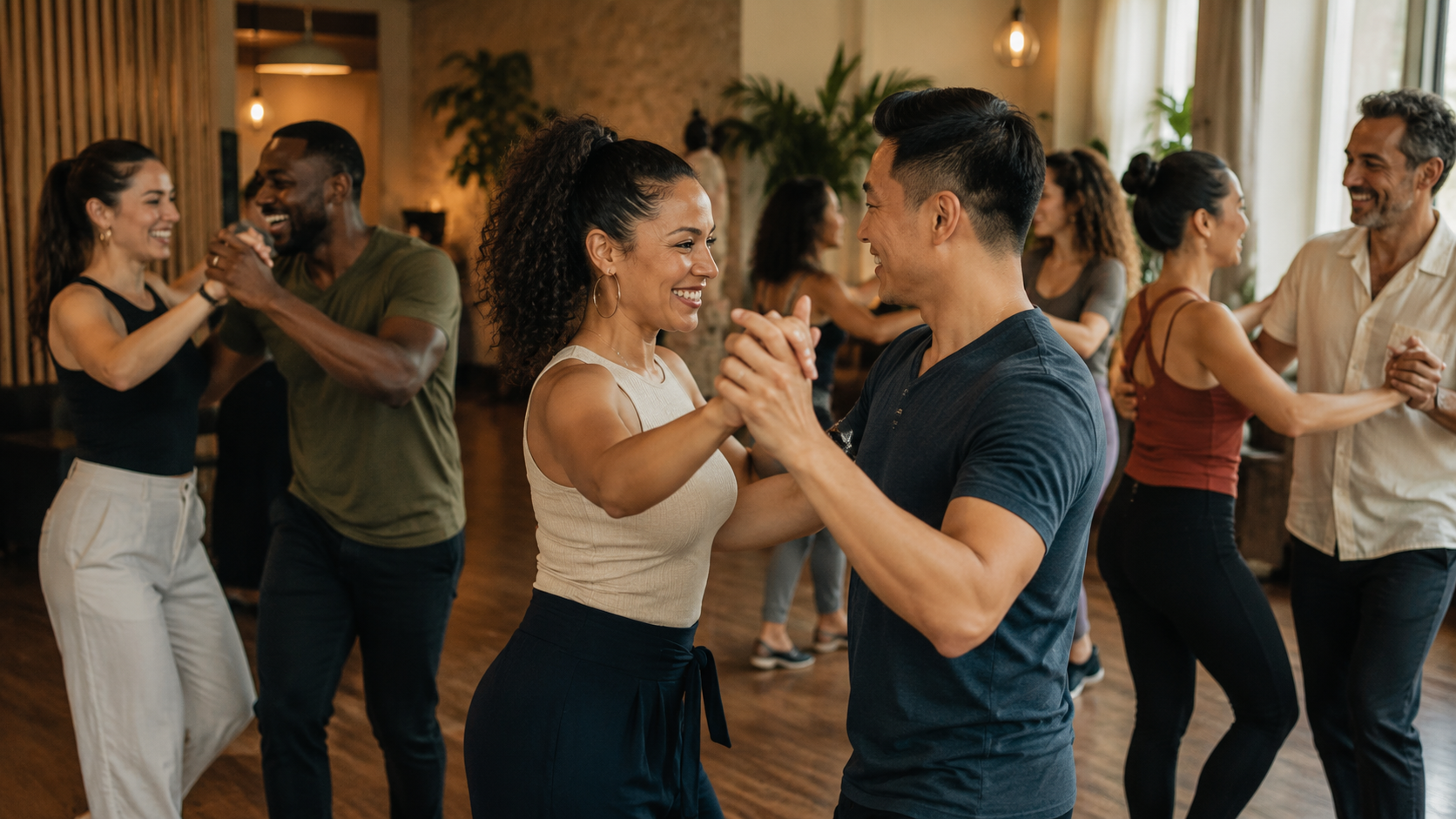 A diverse group of adults smiling and dancing together in a warm, welcoming Latin dance community space